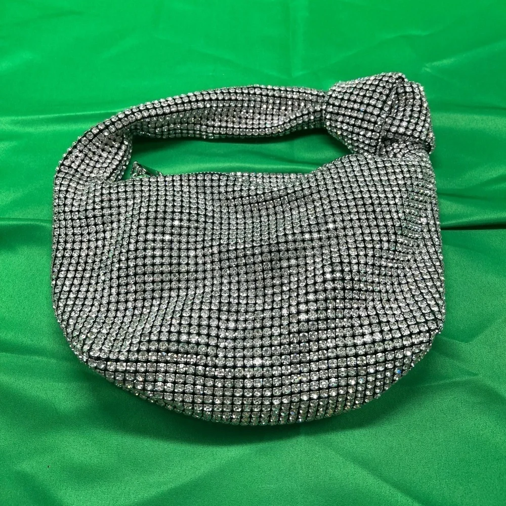 Knotted Crystal Rhinestone Hobo Dumpling Handbag Purse With Silver Zipper (PB1)